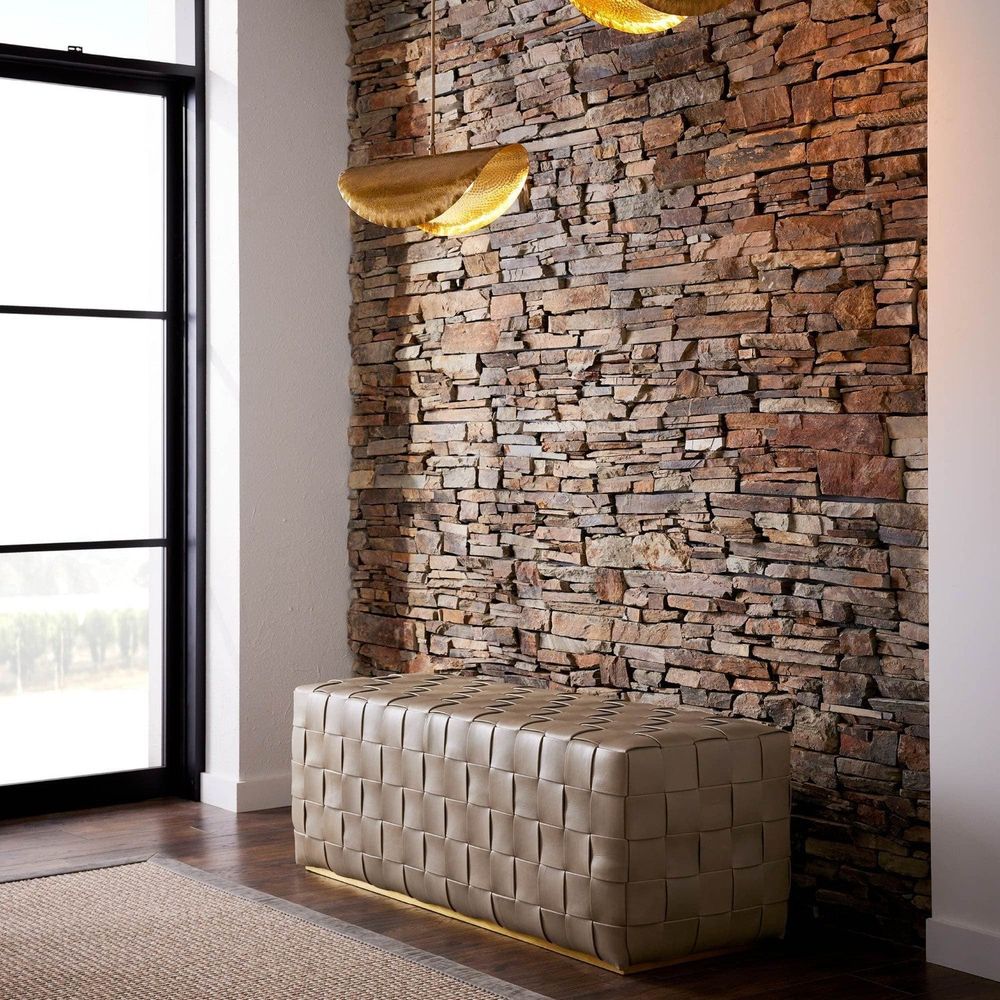 Alternate view of Sawyer Bench, featuring woven basketweave finish, leather, brass, and backless.