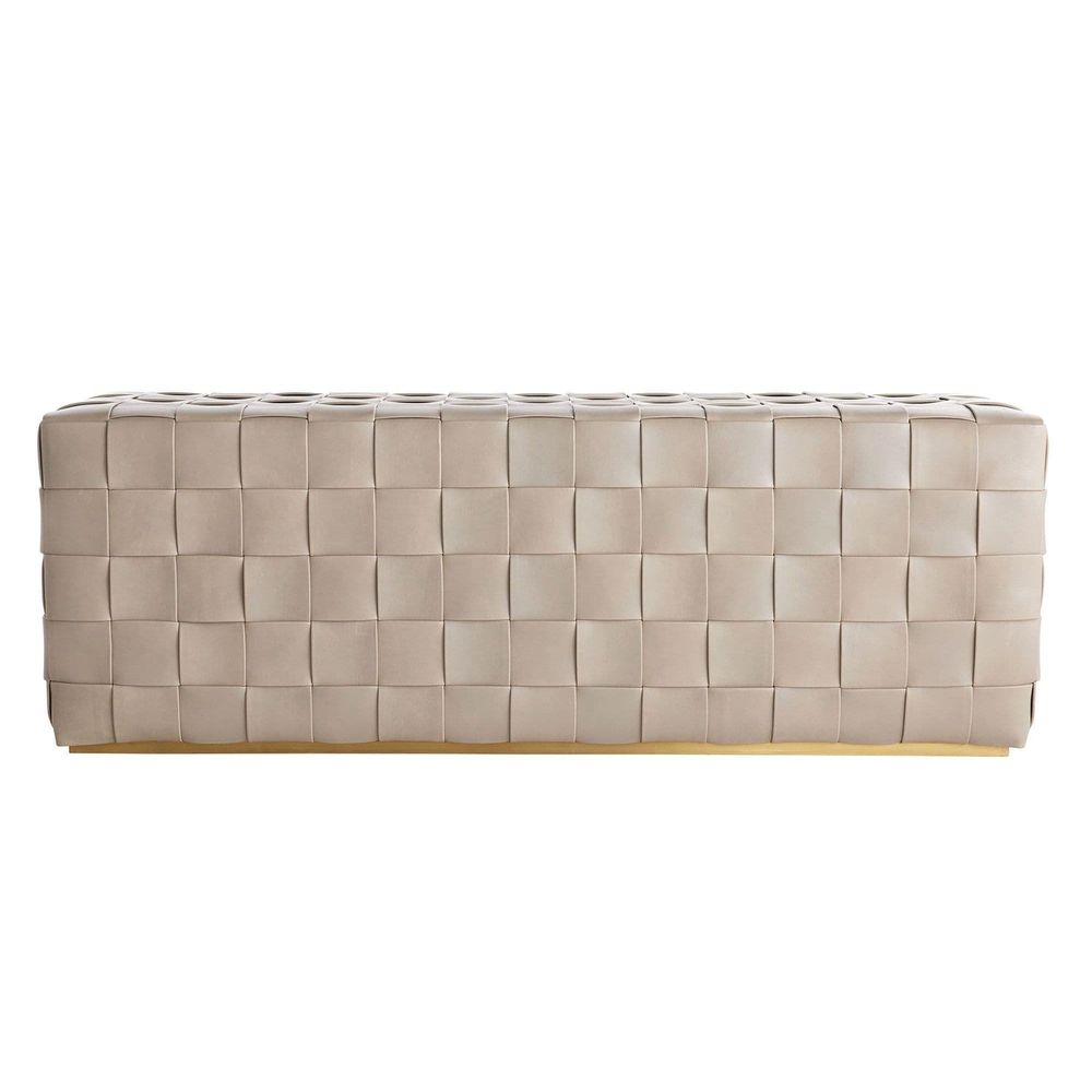 Sawyer Bench, shown in taupe and greige with leather, brass, and backless.