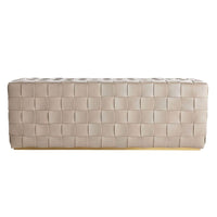 Sawyer Bench, shown in taupe and greige with leather, brass, and backless.