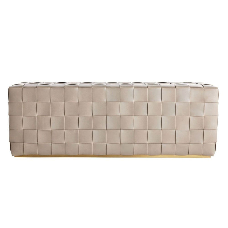 Sawyer Bench, shown in taupe and greige with leather, brass, and backless.