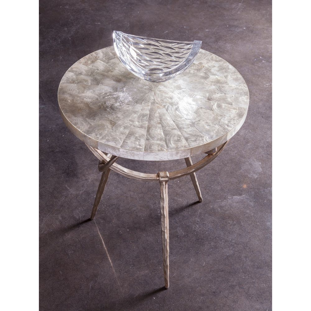 Additional view of Sergio Round Spot Table, featuring iridescent mosaic finish, metal, capiz shell, and a compact round top.