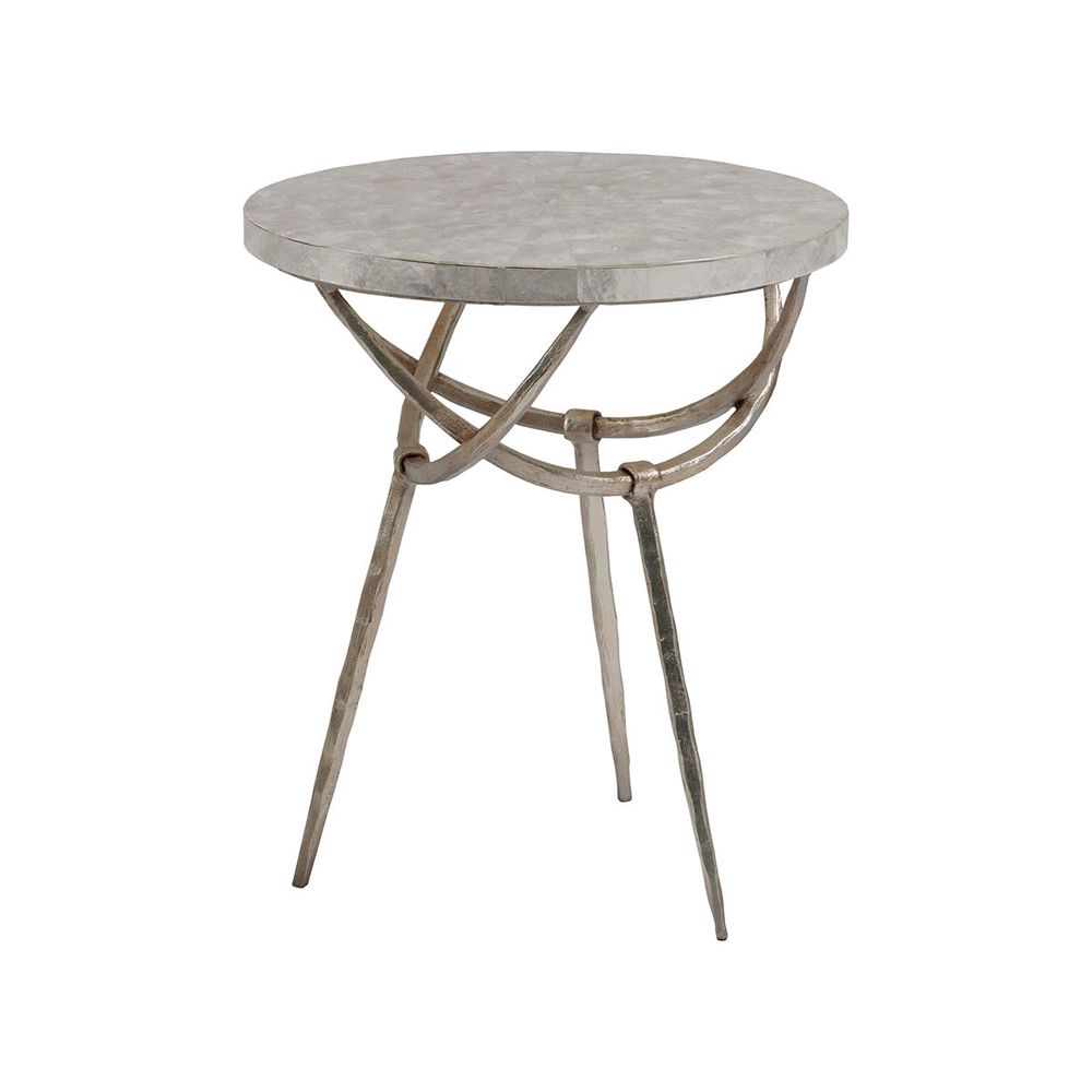 Sergio Round Spot Table, shown in champagne and ivory with metal, capiz shell, and a compact round top.