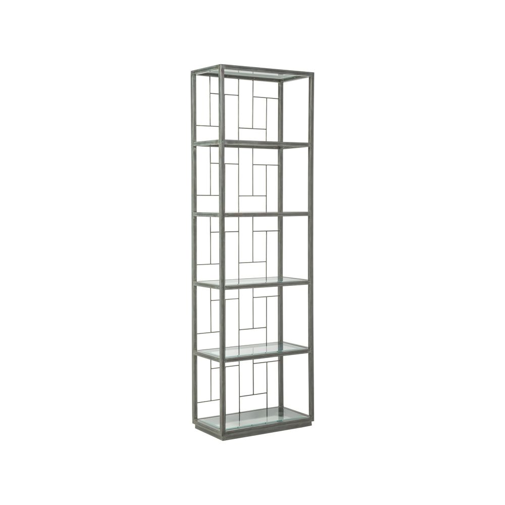 Mid Geo Etagere, shown in gray with metal, glass, and five open glass shelves.