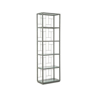 Mid Geo Etagere, shown in gray with metal, glass, and five open glass shelves.