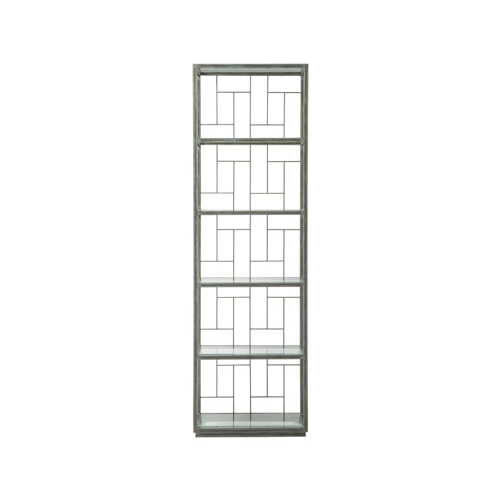 Alternate view of Mid Geo Etagere, featuring metal, glass, and five open glass shelves.