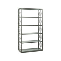 Honeycomb Etagere, shown in gunmetal gray and pewter with metal, glass, and five fixed open glass shelves.