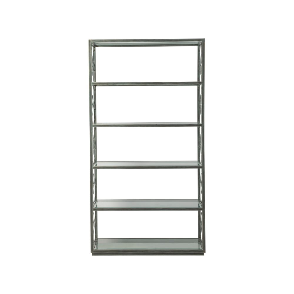 Alternate view of Honeycomb Etagere, featuring brushed finish, metal, glass, and five fixed open glass shelves.