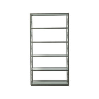 Alternate view of Honeycomb Etagere, featuring brushed finish, metal, glass, and five fixed open glass shelves.