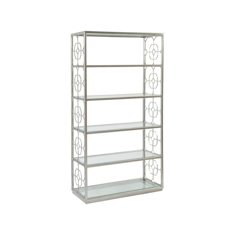 Honeycomb Etagere, shown in silver and clear with metal, glass, and five-tier open glass shelving.
