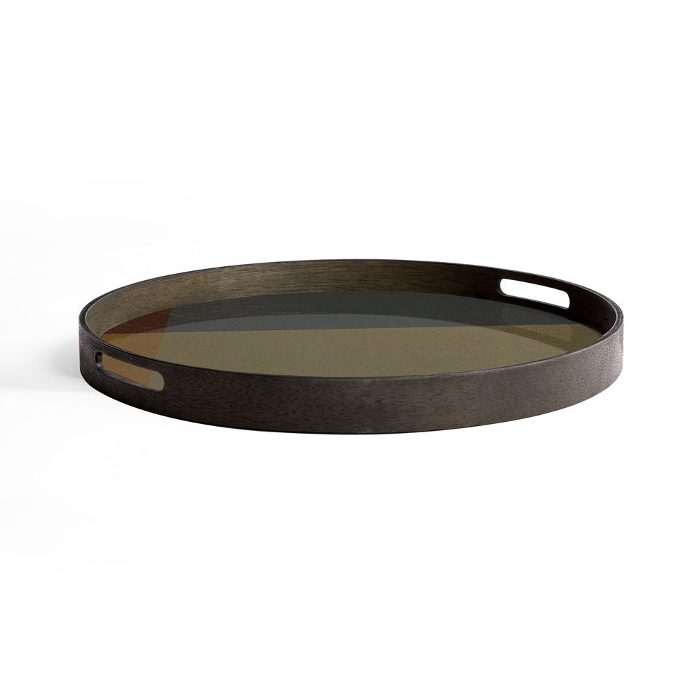 Angle Glass Tray, shown in dark brown and olive green with wood, glass, and integrated dual side cutout handles.