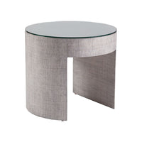 Precept Round End Table, shown in gray and light gray with glass, textured fabric wrap, and fixed cylindrical base.