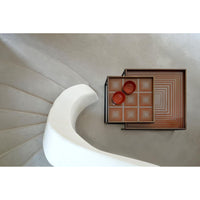 Alternate view of Squares Glass Tray, featuring wood, glass, and raised perimeter rim for containment.