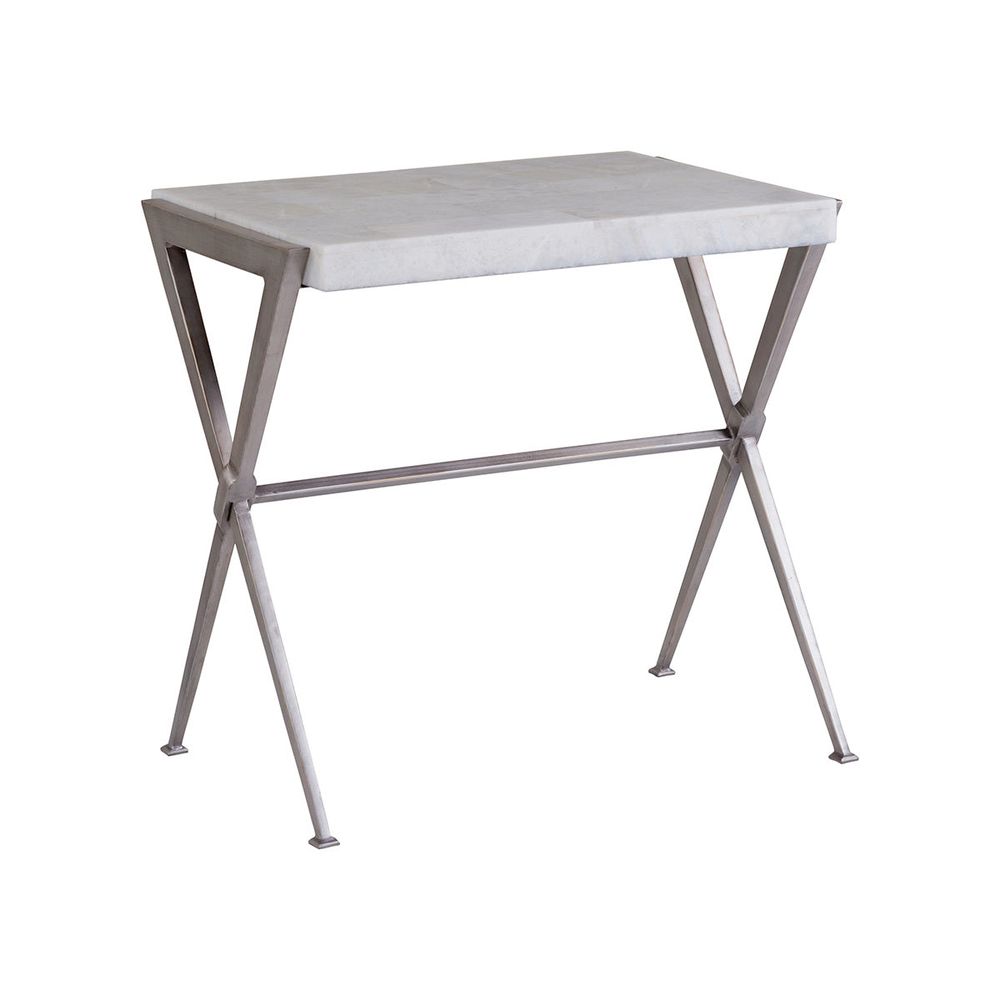 Greta Rectangular End Table, shown in white and gray with marble, metal, and a open x-base frame.