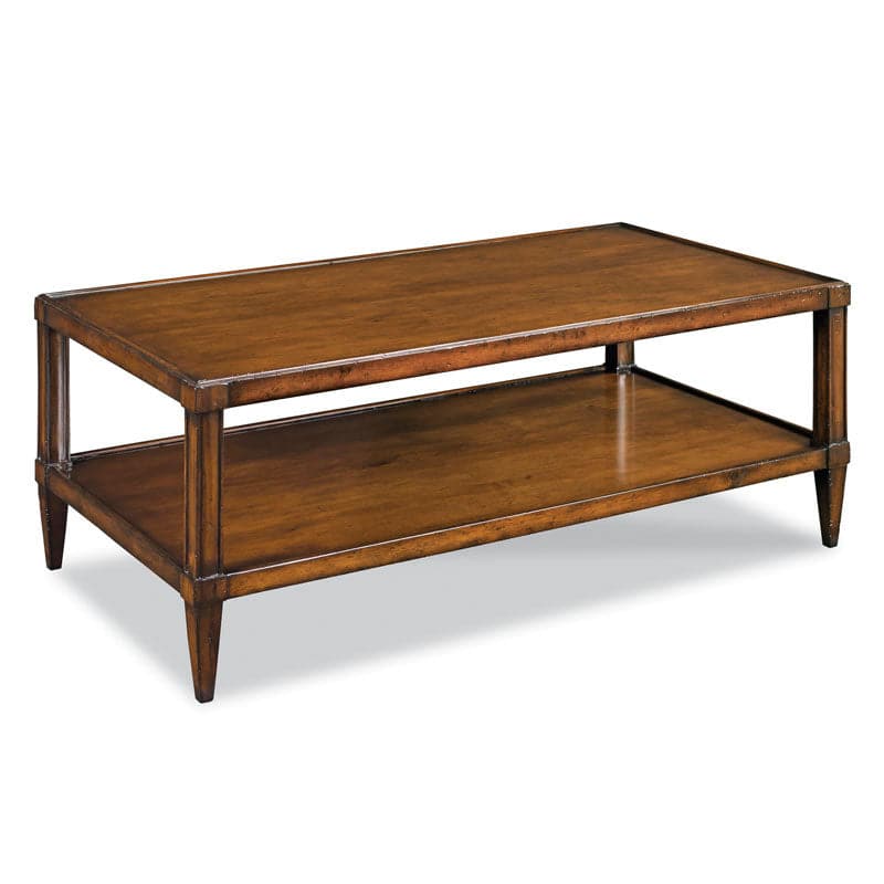 Elin Tiered Cocktail Table, shown in warm medium brown and amber walnut with wood and full-width lower display shelf.