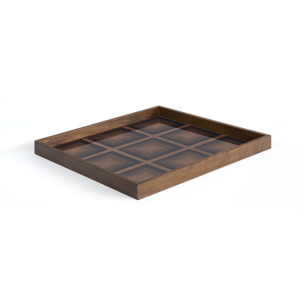 Squares Glass Tray, shown in walnut brown and black with wood, glass, and raised perimeter rim for containment.