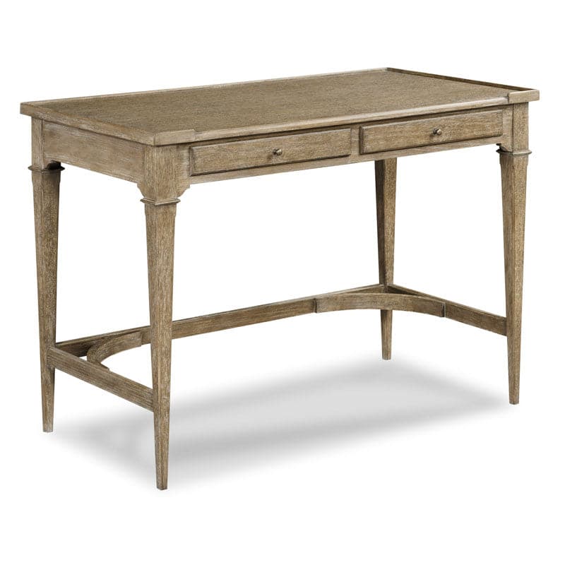 Tahoe Desk, shown in light taupe and weathered beige with oak, wood, and two front drawers with small round knobs.
