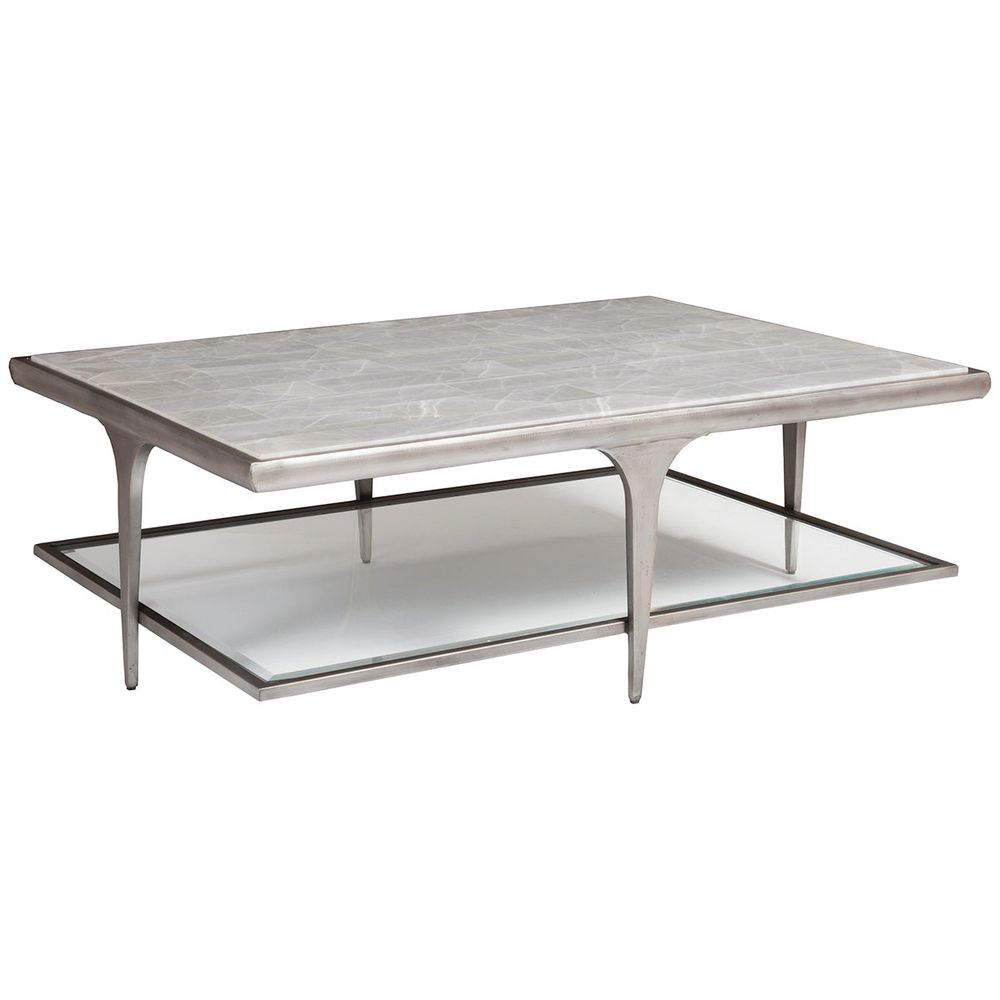 Zephyr Rectangular Cocktail Table, shown in gray and silver with stone, metal, and lower glass display shelf.