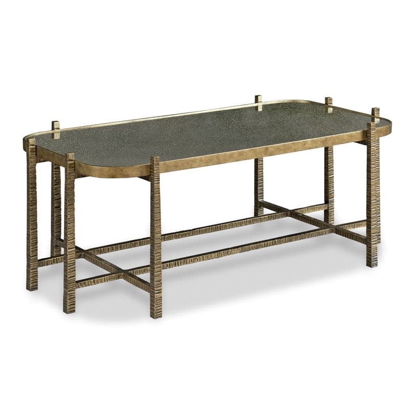 Angelina Cocktail Table, shown in antique gold and charcoal gray with forged steel and antique mirror.