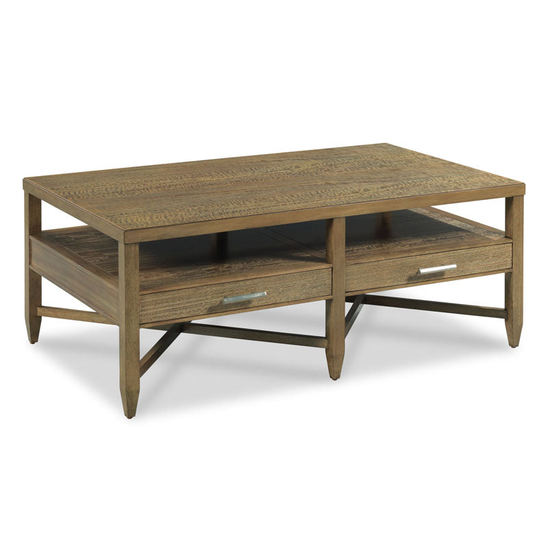 Greenwich Cocktail Table, shown in medium brown and warm taupe with wood and wood veneer.