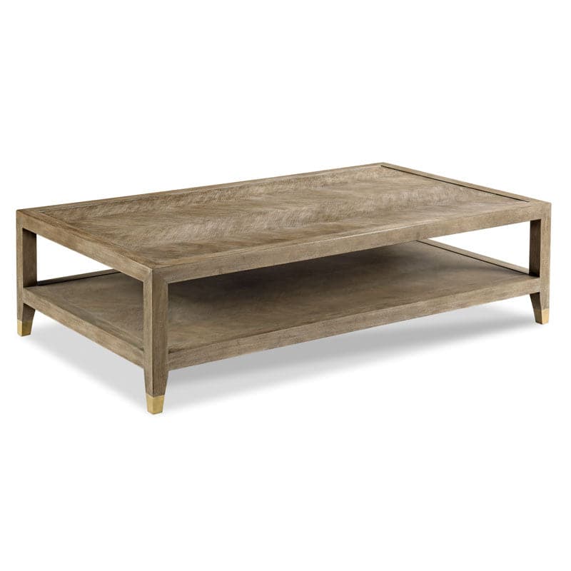 Lucia Cocktail Table, shown in taupe and light brown with oak wood, wood veneer, and full-width lower storage shelf.