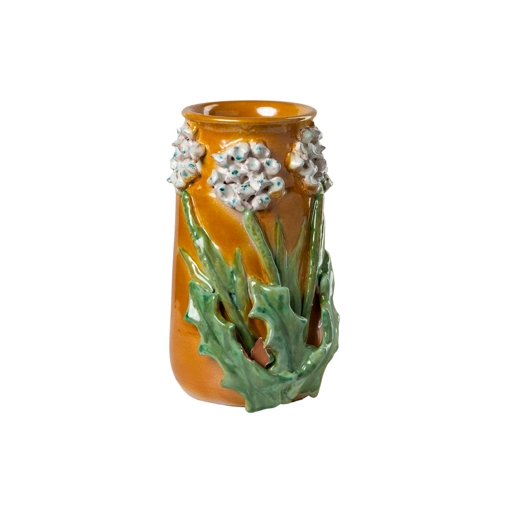 Medium Mango Vase with White Flowers, shown in mango orange and amber yellow with ceramic and open top vessel opening.