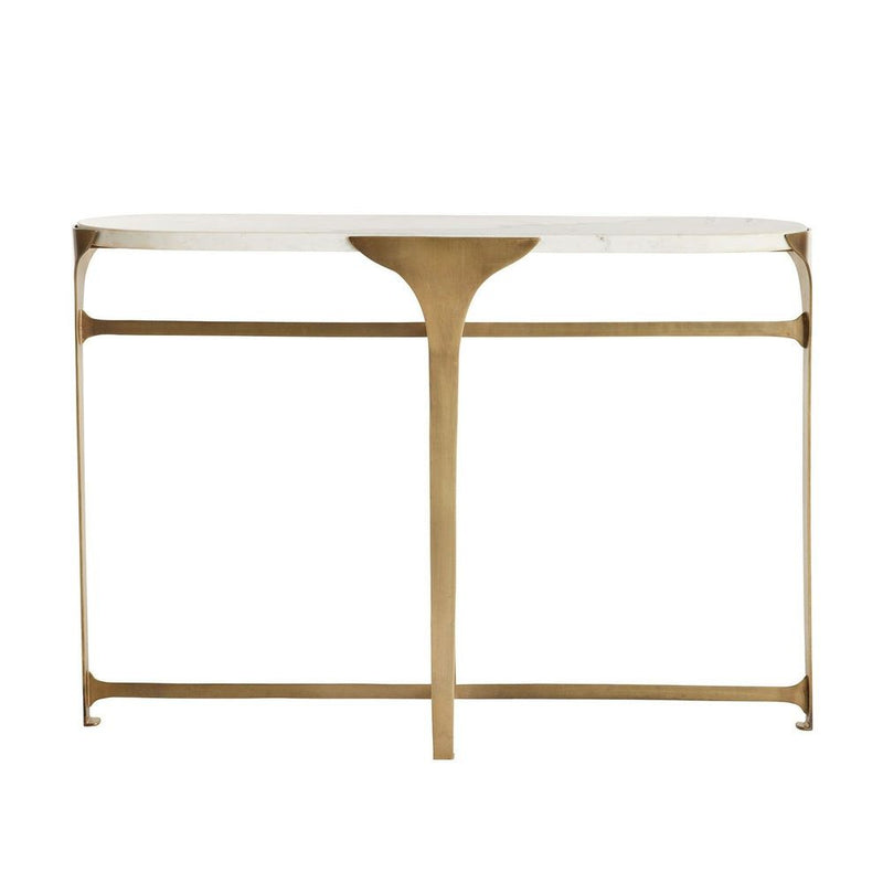 Piper Console, shown in white and antique brass with marble, brass, and a open airy base.