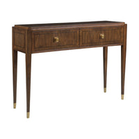 Chiavari Console, shown in dark brown and walnut brown with wood, wood veneer, and two drawers with integrated storage.