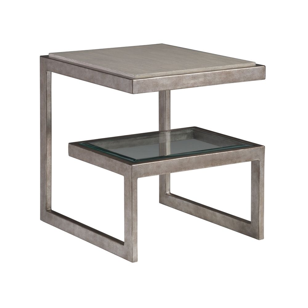 Soiree Rectangular End Table, shown in silver-gray and light taupe with metal and wood.