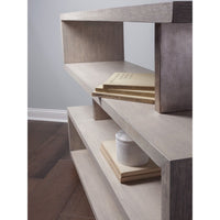 Additional view of Soiree Low Bookcase, featuring silver leaf finish, wood, wood veneer, and open multi-tier shelving.