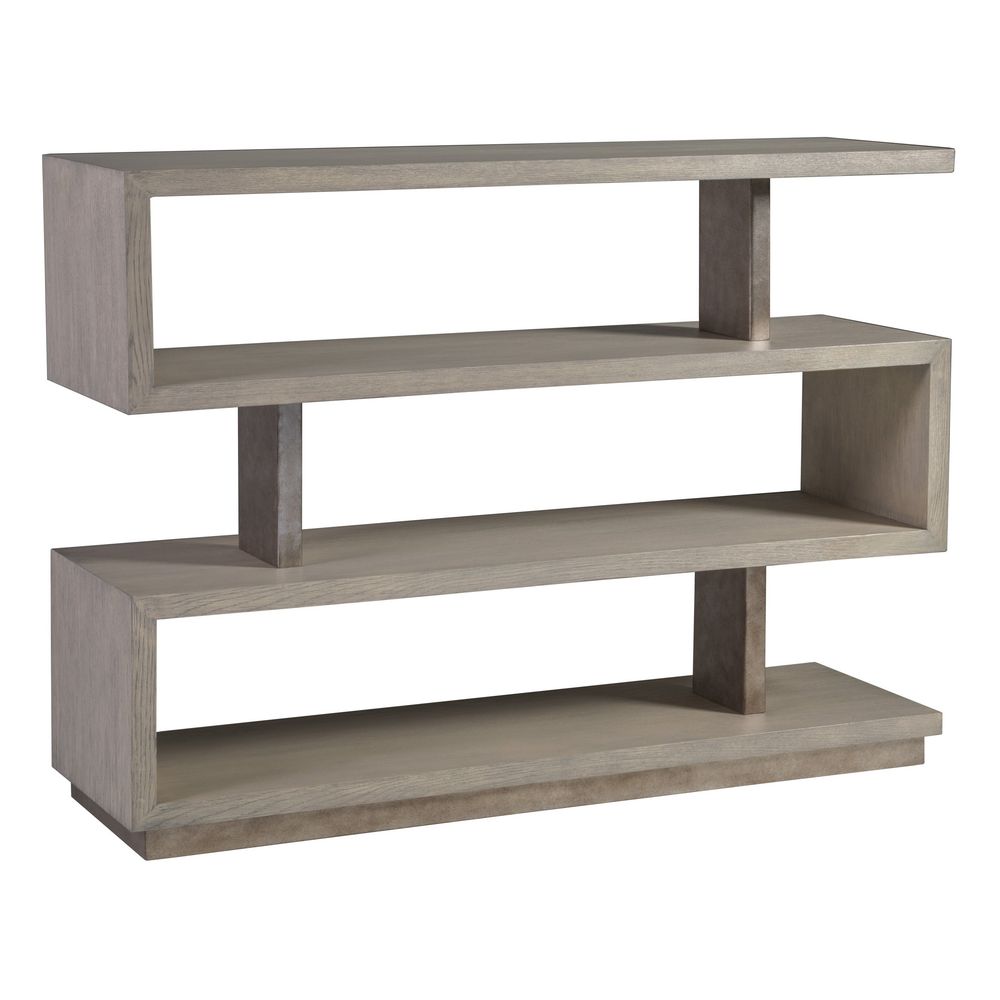 Soiree Low Bookcase, shown in light gray-beige and warm taupe with wood, wood veneer, and open multi-tier shelving.