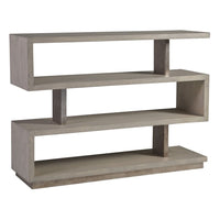 Soiree Low Bookcase, shown in light gray-beige and warm taupe with wood, wood veneer, and open multi-tier shelving.