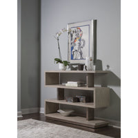Alternate view of Soiree Low Bookcase, featuring silver leaf finish, wood, wood veneer, and open multi-tier shelving.