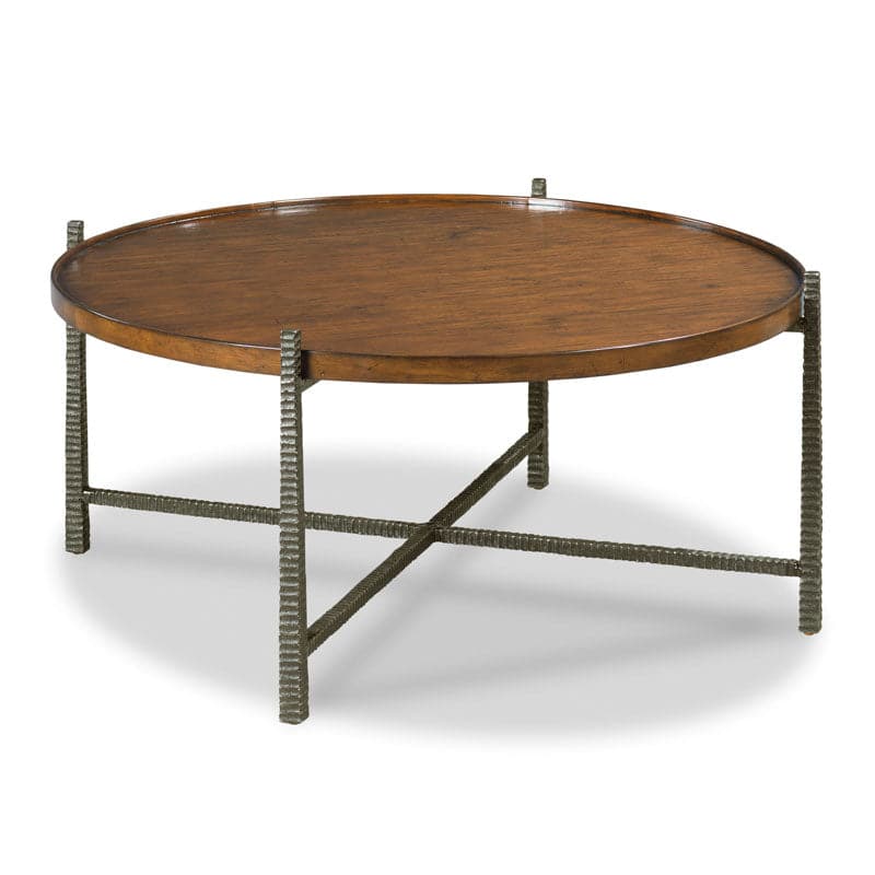 Broomfield Cocktail Table, shown in medium brown and light taupe with wood, oak veneer, and a round cocktail surface.