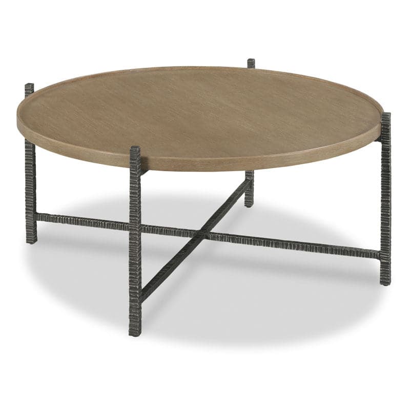 Alternate view of Broomfield Cocktail Table, featuring textured metal finish, wood, oak veneer, and a round cocktail surface.