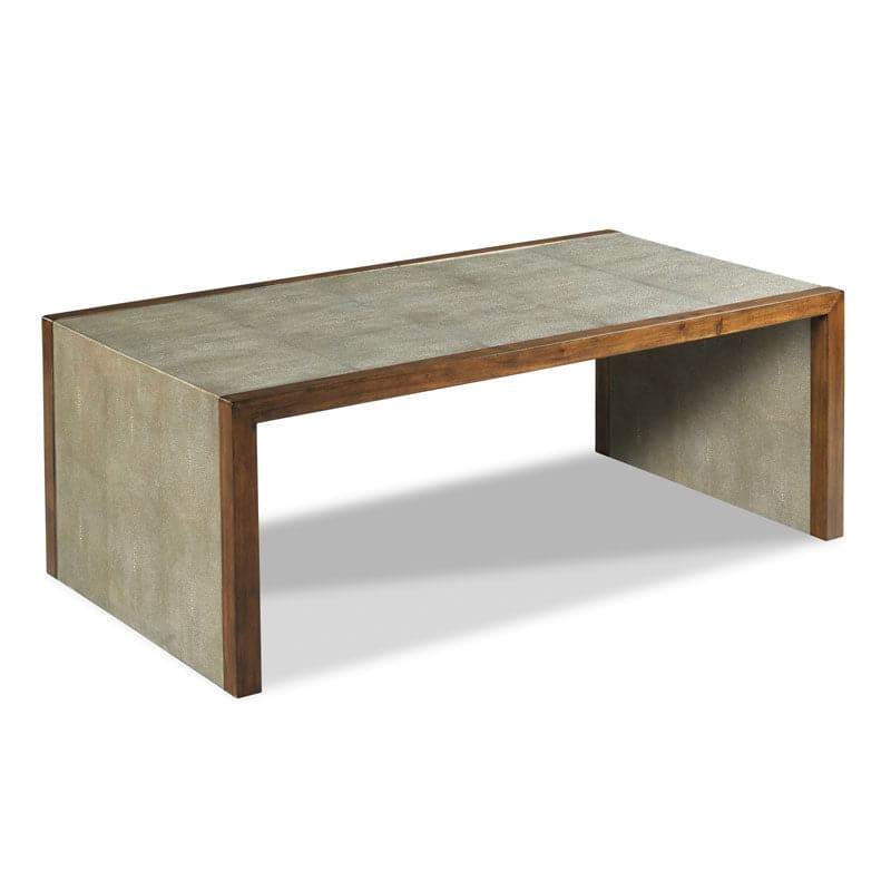 Savoye Cocktail Table, shown in taupe gray and medium walnut brown with faux shagreen and walnut wood.
