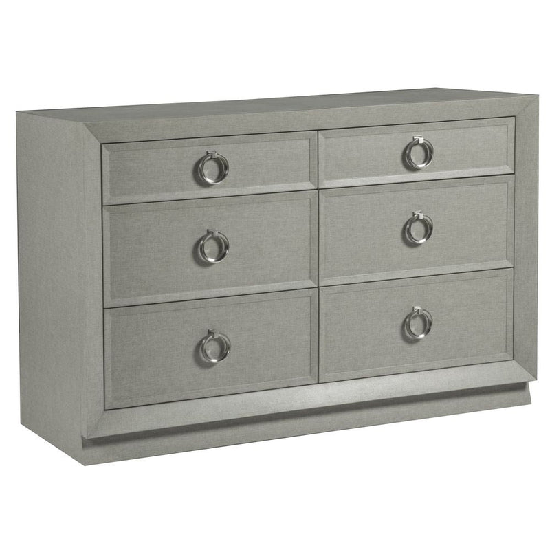 Zeitgeist Linen Double Dresser, shown in gray and taupe with wood, linen, and six-drawer double dresser storage.