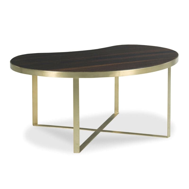 Phipps Cocktail Table, shown in dark espresso brown and brass gold with wood veneer, hardwood, and low cocktail height.