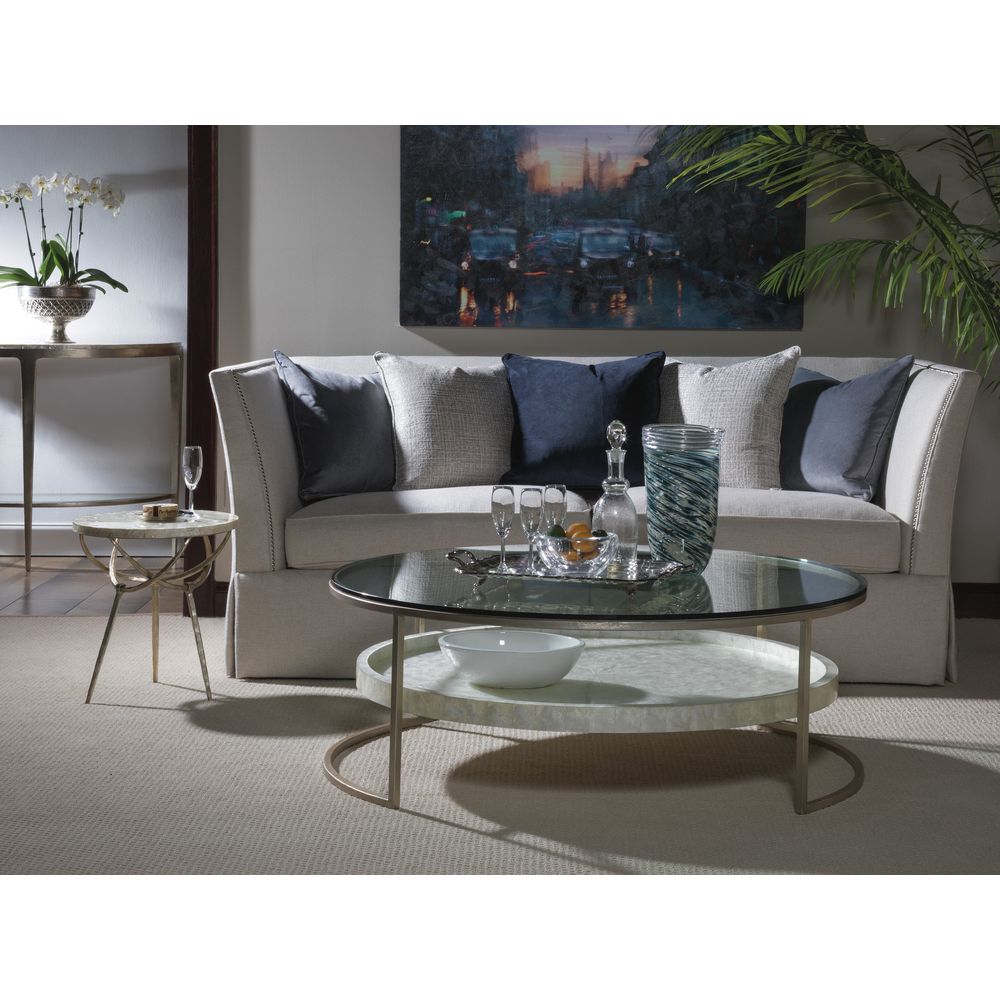 Alternate view of Sergio Round Spot Table, featuring iridescent mosaic finish, metal, capiz shell, and a compact round top.