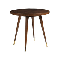 Marlowe Round End Table, shown in rich dark brown and warm walnut brown with figured hardwood and burl wood veneer.