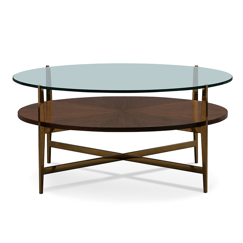 La Scala Cocktail Table, shown in clear glass and dark brown with tempered glass and wood veneer.