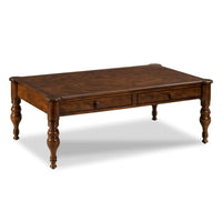 Nevis Cocktail Table, shown in warm medium-brown and chestnut brown with wood and figured hardwood.