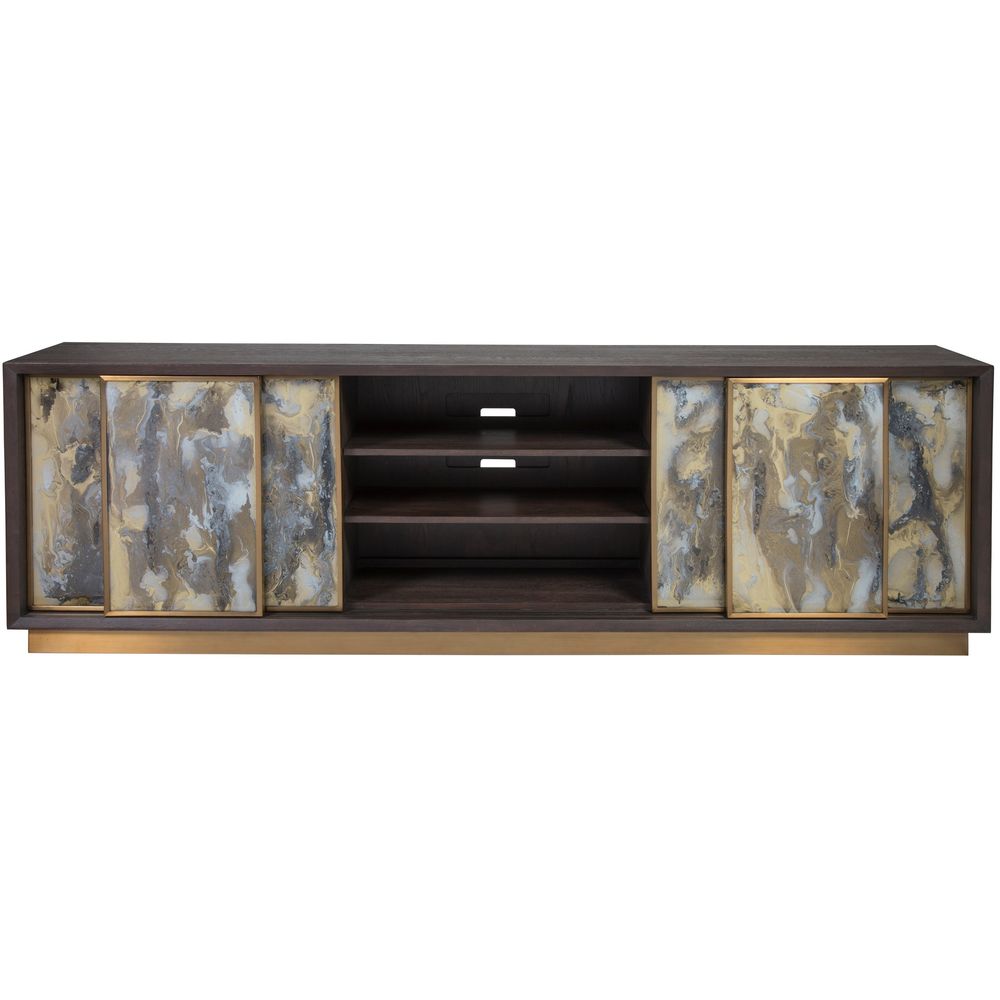 Additional view of Verbatim Long Media Console in dark espresso brown and antique gold.
