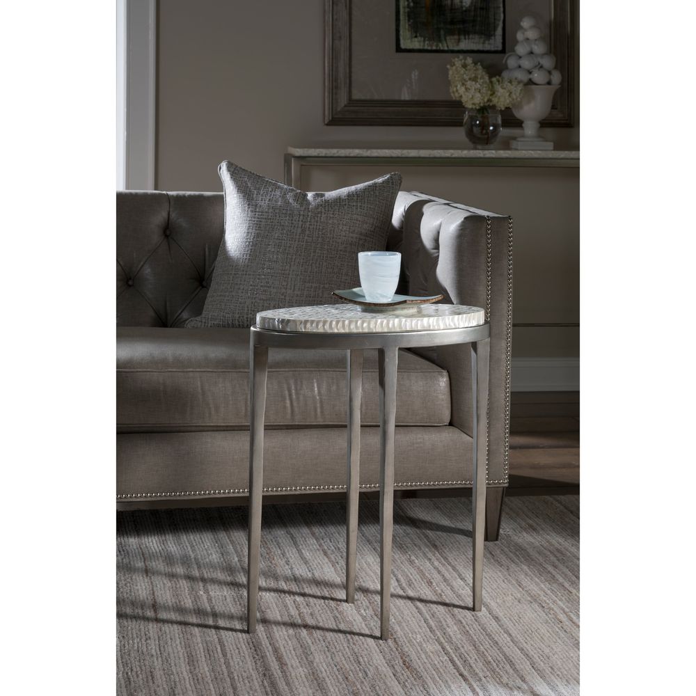 Alternate view of Brilliante Spot Table, featuring iridescent inlay finish, metal, capiz shell, and a compact oval surface.