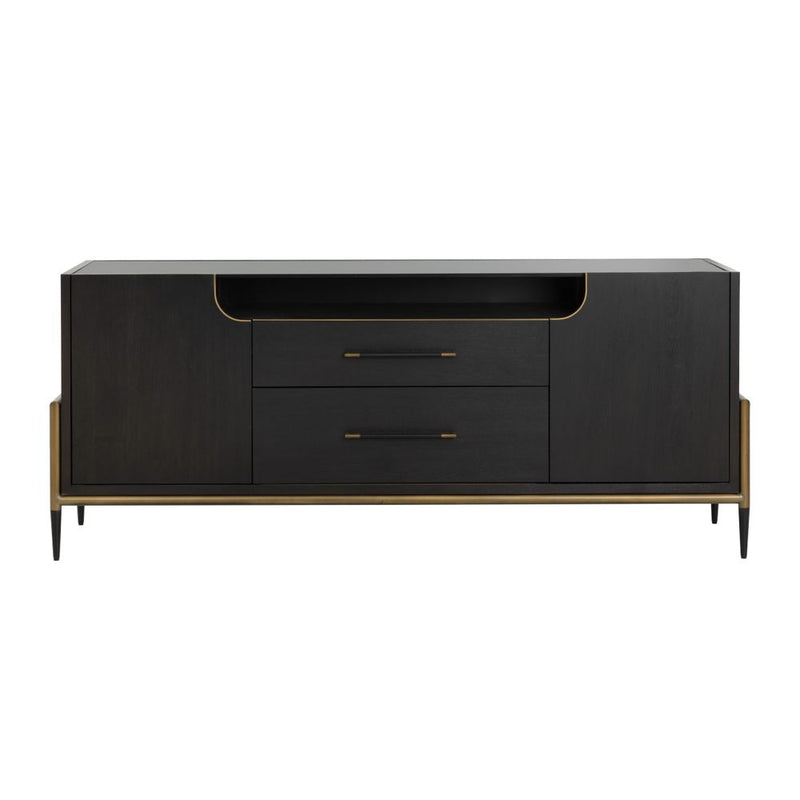 Weldrick Sideboard, shown in espresso and black with wood, acacia veneer, and flanking cabinet doors.