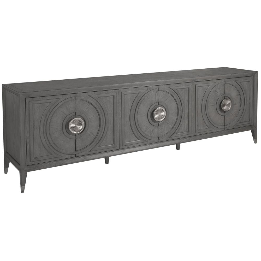 Appellation Long Media Console, shown in charcoal gray and slate gray with wood and metal.