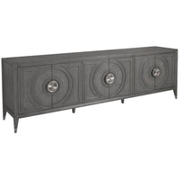 Appellation Long Media Console, shown in charcoal gray and slate gray with wood and metal.