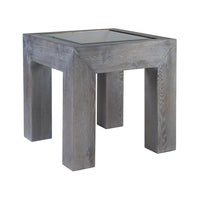 Accolade Rectangular End Table, shown in gray with wood, glass, and a inset glass top.