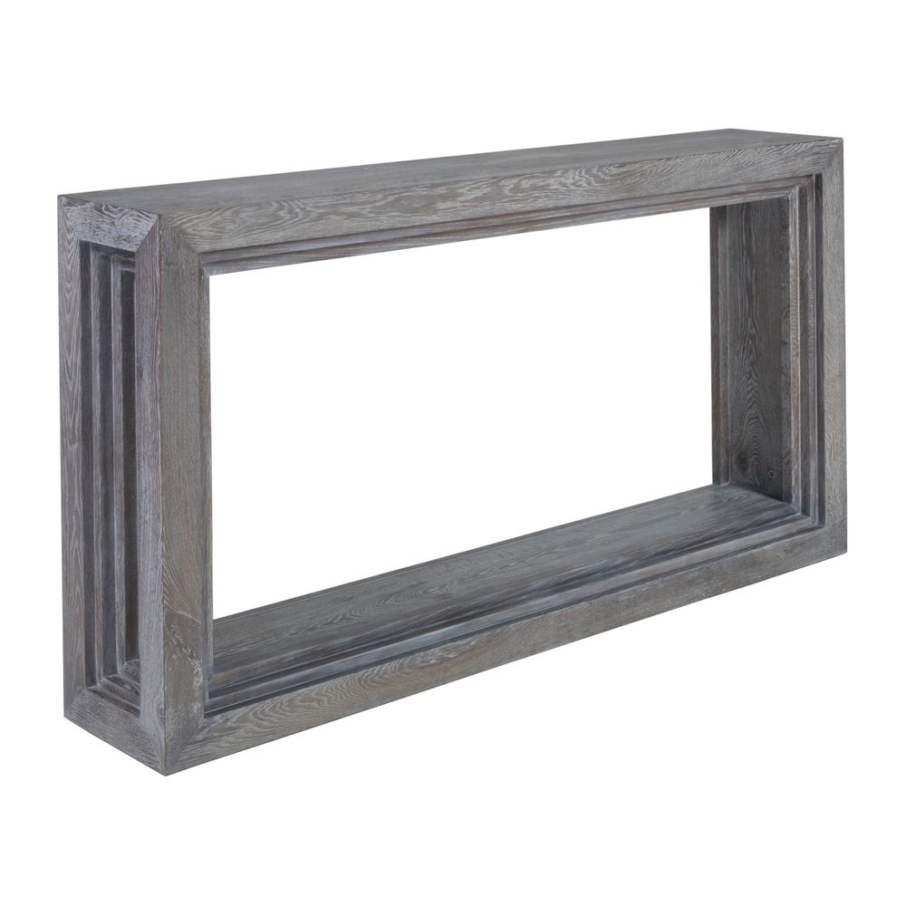 Accolade Console, shown in gray and charcoal with wood and a open rectangular frame.