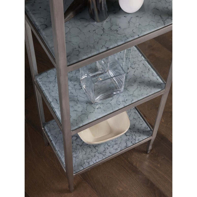 Alternate view of Sashay Silver Slim Etagere, featuring metal, glass, and five fixed open shelves.