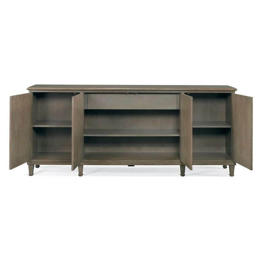 Additional view of Naples Buffett in warm gray-brown and taupe, featuring matte finish and four hinged cabinet doors.